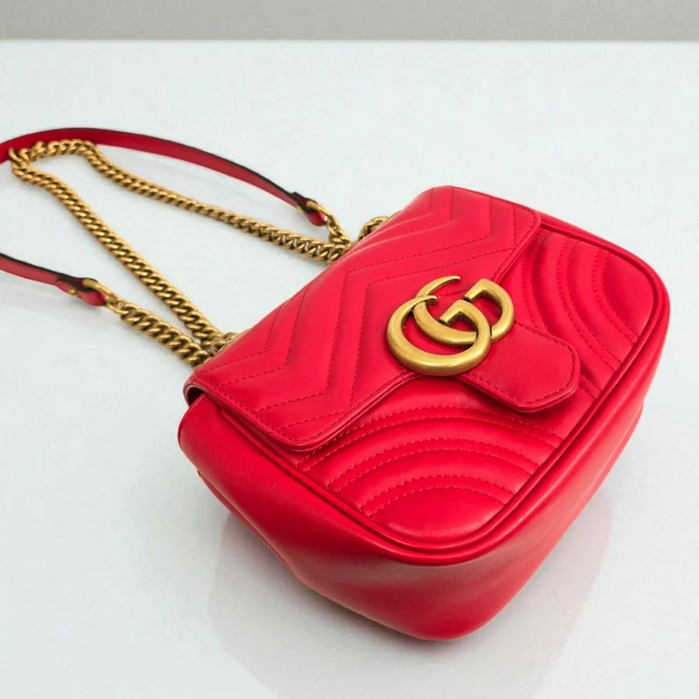 Gucci GG Marmont Matelasse Mini Square Shoulder Bag Red Leather